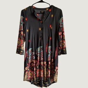 R&B Collection Women Gray Floral Print Henley‎ Tunic Top 3/4 Sleeve Small